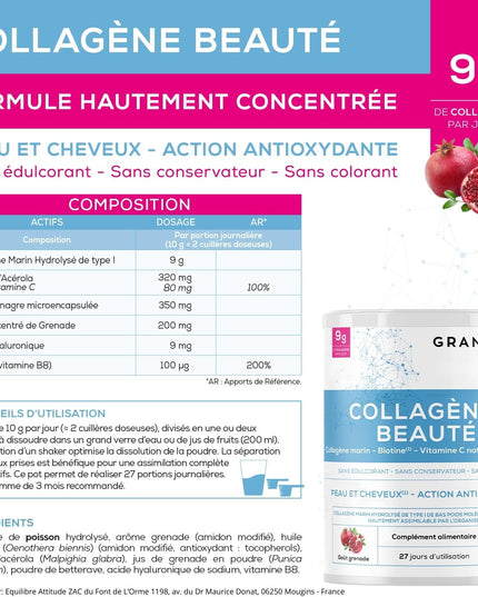GRANIONS COLLAGENE + BEAUTE Peau et Cheveux - Poudre Parfum Grenade 275g