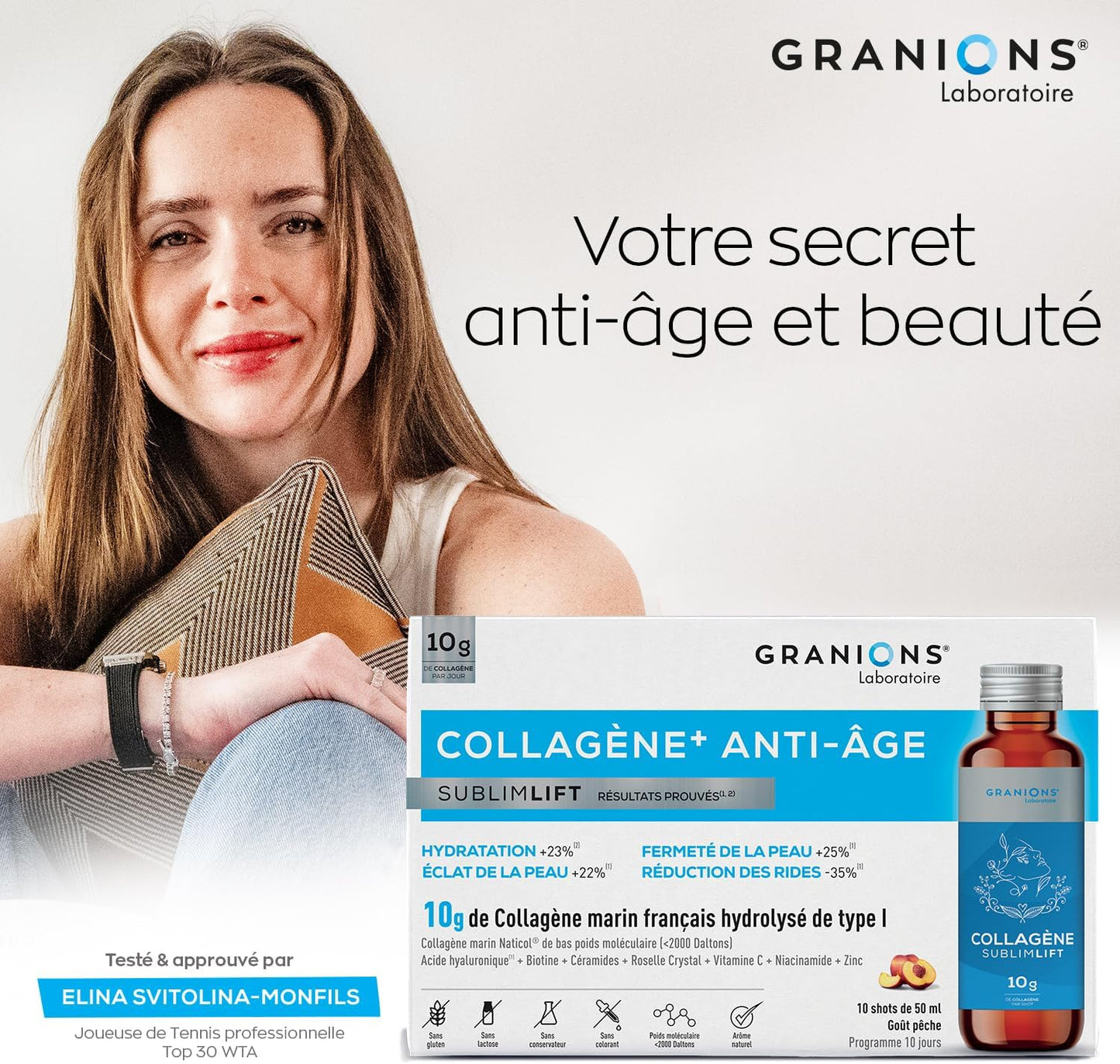 GRANIONS COLLAGENE + ANTI-ÂGE Sublimlift Goût Pêche - 10 Shots