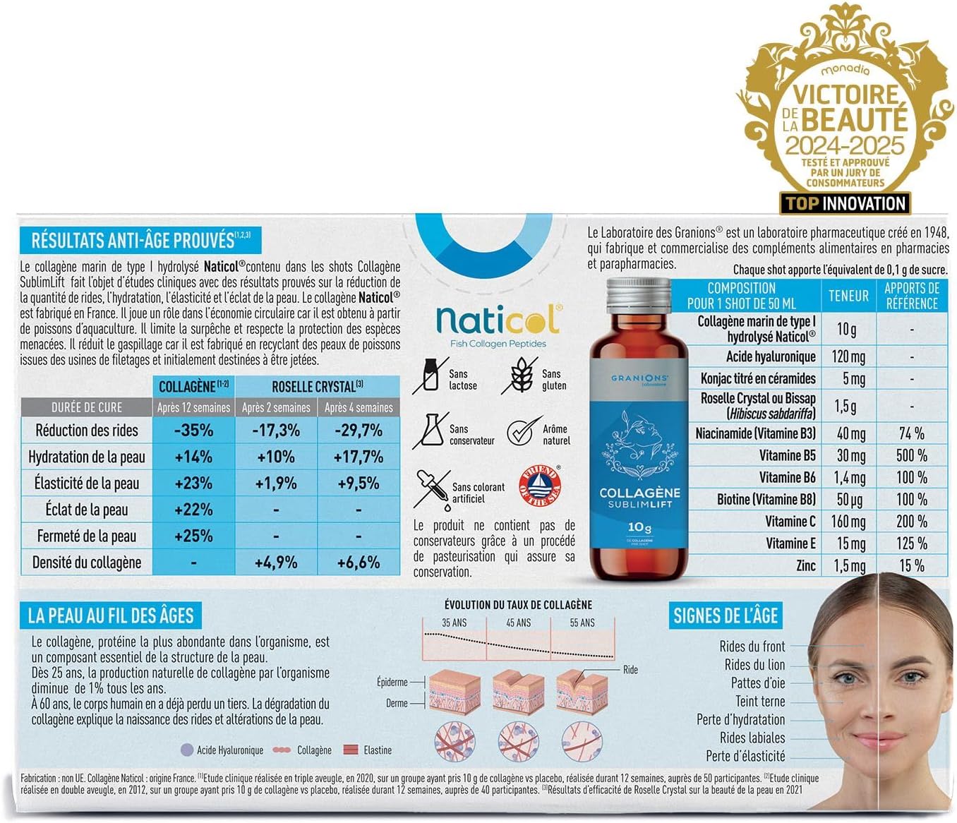 GRANIONS COLLAGENE + ANTI-ÂGE Sublimlift Goût Pêche - 10 Shots