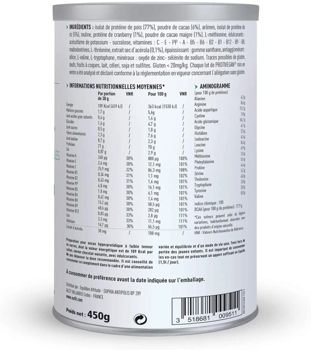 EAFIT PROTIVEGAN Protéines Végétales Saveur Chocolat Noisette - 450g