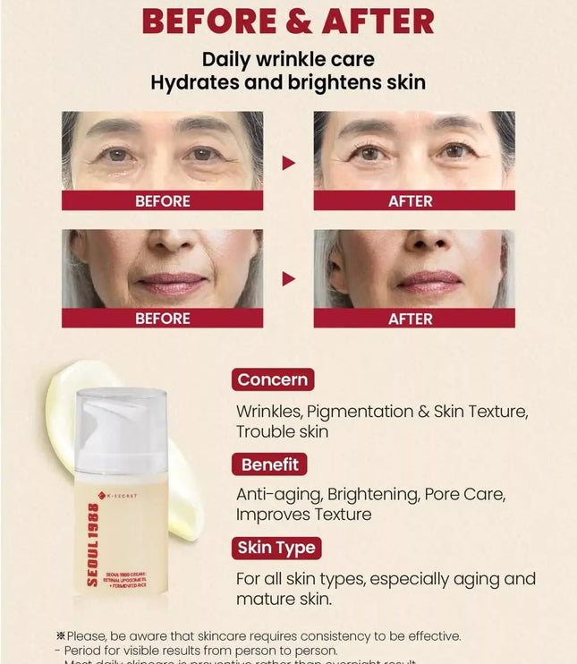 Crème K-SECRET SEOUL 1988 : Liposome rétinien 1 % + Riz fermenté 50 ml
